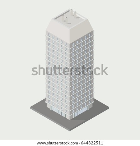 Vector isometric icon ofice building city infrastructure; architecture 3d element representing low poly building; for city map creation.
