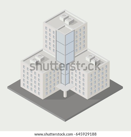 Vector isometric icon ofice building city infrastructure; architecture 3d element representing low poly building; for city map creation.