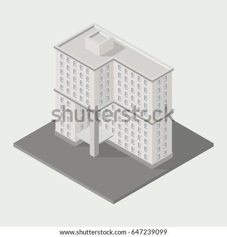 Vector isometric icon ofice building city infrastructure; architecture 3d element representing low poly building; for city map creation.