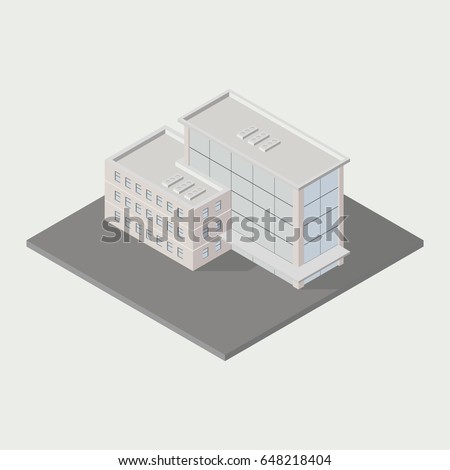 Vector isometric icon ofice building city infrastructure; architecture 3d element representing low poly building; for city map creation.