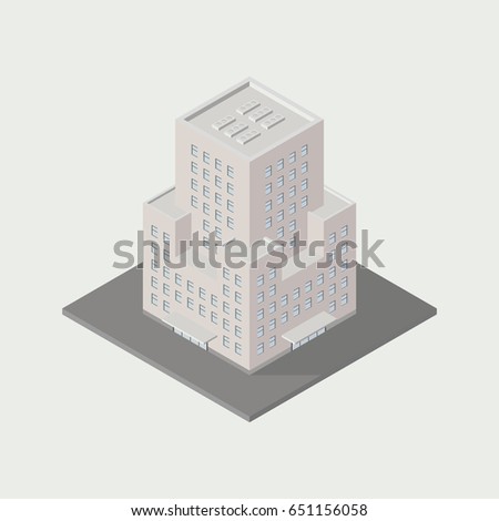 Vector isometric icon ofice building city infrastructure architecture 3d element representing low poly building for city map creation.