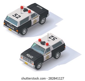 Vector isometric icon representing back and white police SUV car