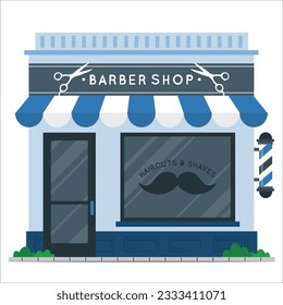 Vector isometric icon representing barbershop building with awning, and neon sign. Barber shop hairdresser salon building exterior isolated on white. Barbershop Building Landmark. 2064