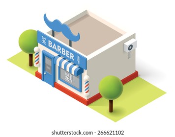 Vector isometric icon representing  barbershop building with awning, and neon sign