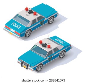 Vector isometric icon representing  blue and white police car 