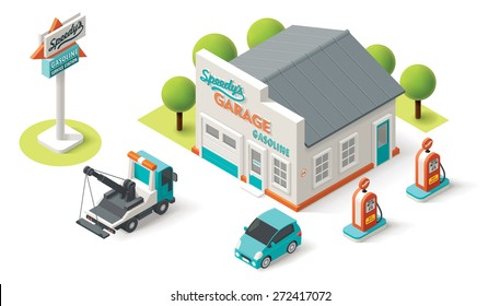 Vector Isometric Icon Representing Car Repair Service Garage Building With Neon Sign, Tow Truck, Petrol Filling Pump And Small Auto