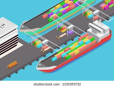 Vector isometric icon representing cargo port with cranes loading containers on the container ship, and trucks