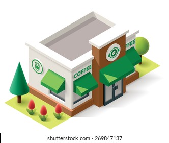 Vector Isometric Icon Representing Coffee Shop Building With Awnings