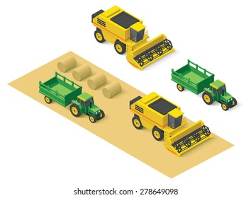 Vector isometric icon representing combine harvester and tractor on the field