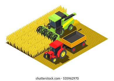 Vector Isometric Icon Representing Combine Harvester And Tractor On The Field