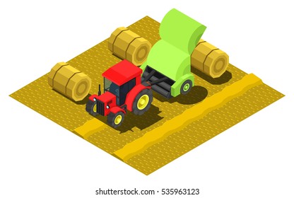 Vector isometric icon representing combine harvester and tractor on the field