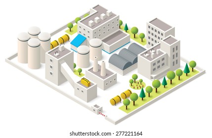 Vector isometric icon representing factory buildings with industrial structures