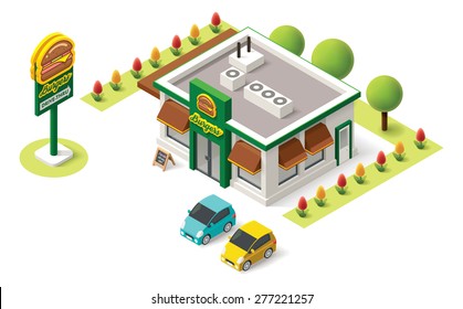 Vector isometric icon representing fast food building with cars and burger advertising sign