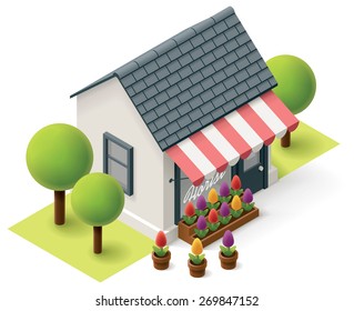 Vector isometric icon representing Florist shop with flowers and trees