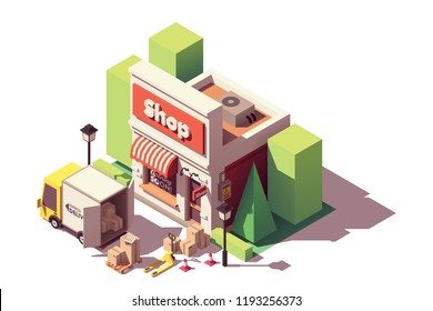Vector isometric icon representing goods in cardboard boxes delivery to shop or store by truck and then moved by forklift