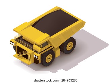 Vector isometric icon representing  heavy yellow mine dumper truck loaded with ore or dirt