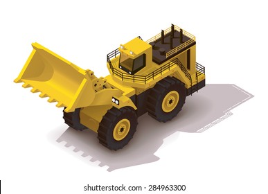 Vector isometric icon representing heavy yellow wheel loader or mining excavator