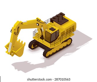 Vector isometric icon representing heavy yellow mining excavator