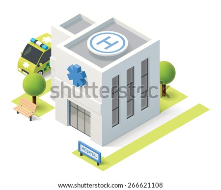 Vector isometric icon representing hospital building with ambulance van