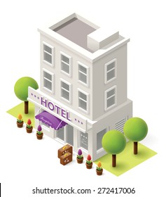 Vector isometric icon representing hotel building with traveler bags, flowers and trees nearby