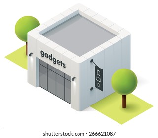 Vector isometric icon representing modern computer and gadgets store building. 