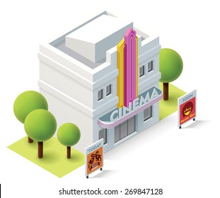 Vector isometric icon representing  movie theater building with neon sign and movies advertisements 