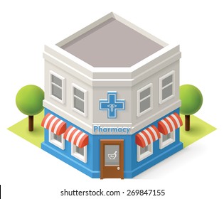 Vector isometric icon representing pharmacy building with awnings and neon sign on the storefront