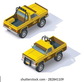 Vector Isometric Icon Representing Pickup Truck. Car Front And Back