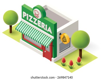 Vector isometric icon representing  pizzeria restaurant building with neon sign