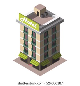 Vector isometric icon representing retro hotel building ,Restaurants and cafe