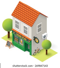 Vector isometric icon representing rural bar building with air conditioning and signs