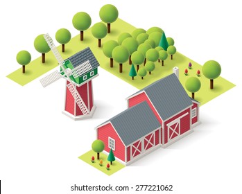 Vector Isometric Icon Representing Rural Farm Buildings - Windmill And Barn