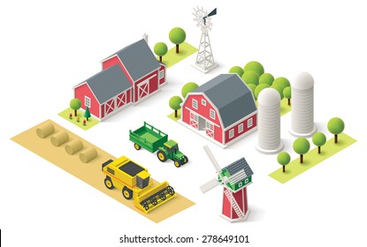 Vector isometric icon representing rural farm setting with tractor, combine harvester, house, windmill and warehouse 