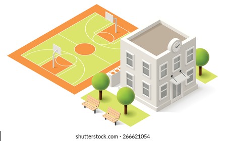 Vector isometric icon representing  school or university building with basketball stadium on the schoolyard 