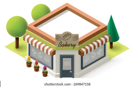 Vector Isometric Icon Representing Small Bakery Shop Building With Neon Sign