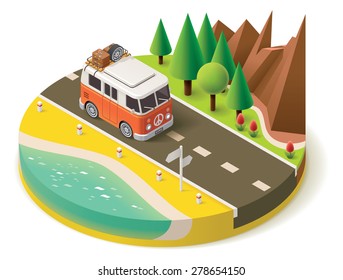 Vector isometric icon representing traveling camper van on the road near the beach and mountain