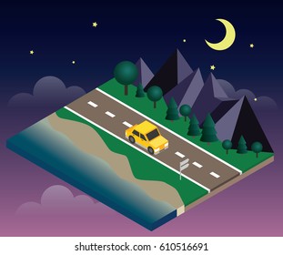 Vector isometric icon representing traveling car on the road near the beach and forest