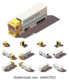 Vector Isometric Icon Representing Truck Or Tractor With Refrigerated Semi-trailer In Four Views With Different Shadows