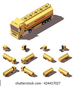 Vector Isometric icon representing truck or tractor with tanker semi-trailer in four views with different shadows