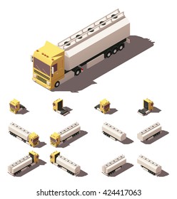 Vector Isometric icon representing truck or tractor with tanker semi-trailer in four views with different shadows