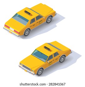 Vector Isometric Icon Representing Yellow Taxi Cab Car With Front And Rear Views