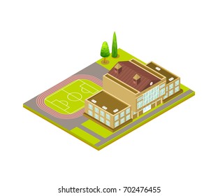 Vector isometric icon school building with football field