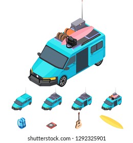 Vector isometric icon set - campervan, bag, tourist,  travel, and picnic equipments - bag, stove, guitar, surfing board - Infographic