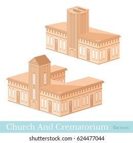 Vector isometric icon set or info graphic elements representing buildings of crematorium and church in brown color