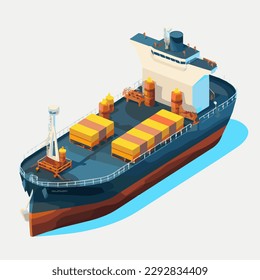 Vector isometric icon set or infographic elements representing low poly cargo container ship, oil tanker ship, passenger cruise ship, ferry loaded with cars and oil platform