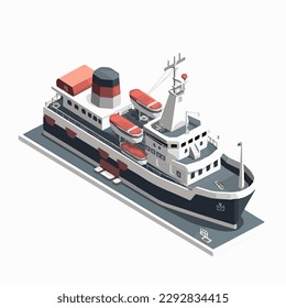 Conjunto de iconos isométricos vectores o elementos infográficos que representan buques de carga de bajo contenido de pólvora, buques petroleros, buques de crucero de pasajeros, transbordadores cargados de automóviles y plataformas petrolíferas