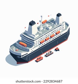 Vector isometric icon set or infographic elements representing low poly cargo container ship, oil tanker ship, passenger cruise ship, ferry loaded with cars and oil platform