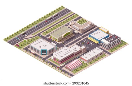 Vector isometric icon set or infographic elements representing low poly shopping district with stores, shops, supermarkets, hypermarket buildings, billboard ads and parking lots