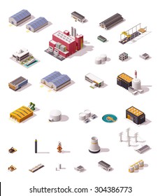 Vector isometric icon set or infographic elements representing low poly industrial structures and buildings - plant, factory, storage, warehouse, hangar, machines and facilities