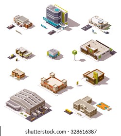 Vector isometric icon set or infographic elements representing low poly buildings - police station, cafe, hospital, warehouse, drugstore, supermarket, shops and stores